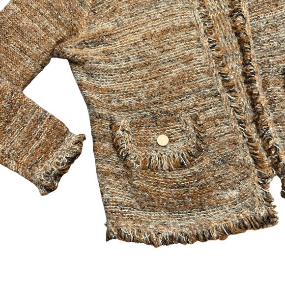 Sioni Brown Tan Textured Fringe Cardigan L w/ Sequins & Pockets - Picture 7 of 15